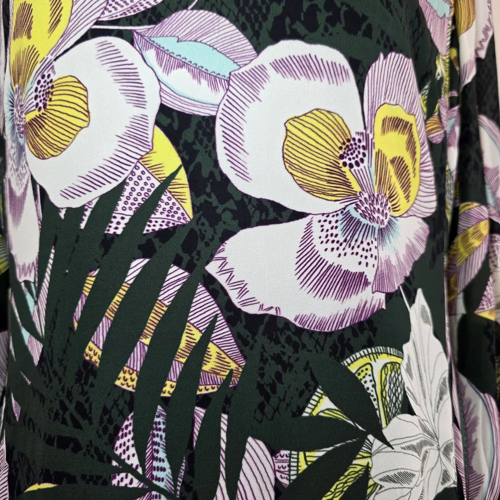 REISS Floral Midi Dress US 12 UK 16 Green Viscose Keyhole Neck Long Sleeve- EUC - Picture 4 of 16